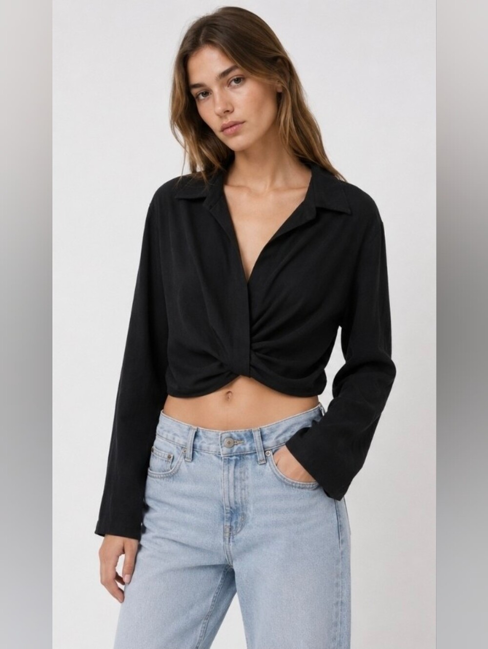 ZARA | Long Sleeve Crop top Blouse in Black Small